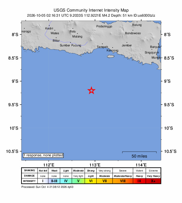 USGS DYFI community-reported intensity map for the M4.2 earthquake near 111 km S of Dampit, Indonesia
