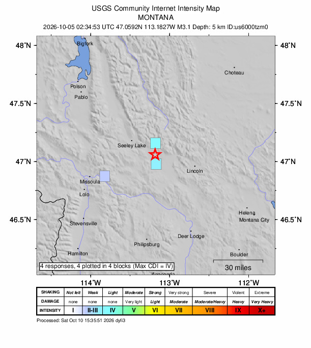 USGS DYFI community-reported intensity map for the M3.1 earthquake near 5 km NW of Ovando, Montana
