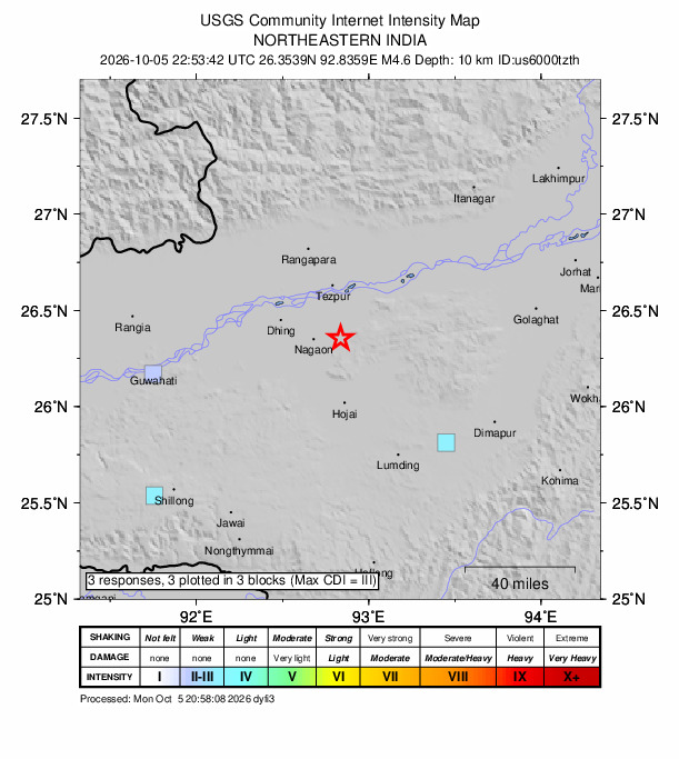 USGS DYFI community-reported intensity map for the M4.6 earthquake near 31 km S of Tezpur, India