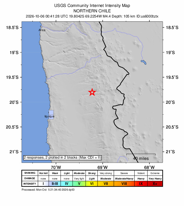 USGS DYFI community-reported intensity map for the M4.4 earthquake near 58 km SSE of Camiña, Chile