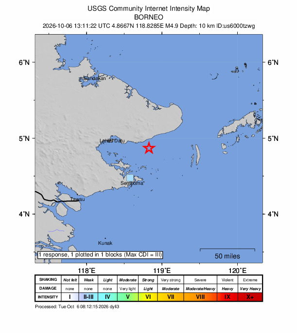 USGS DYFI community-reported intensity map for the M4.9 earthquake near 48 km NNE of Semporna, Malaysia