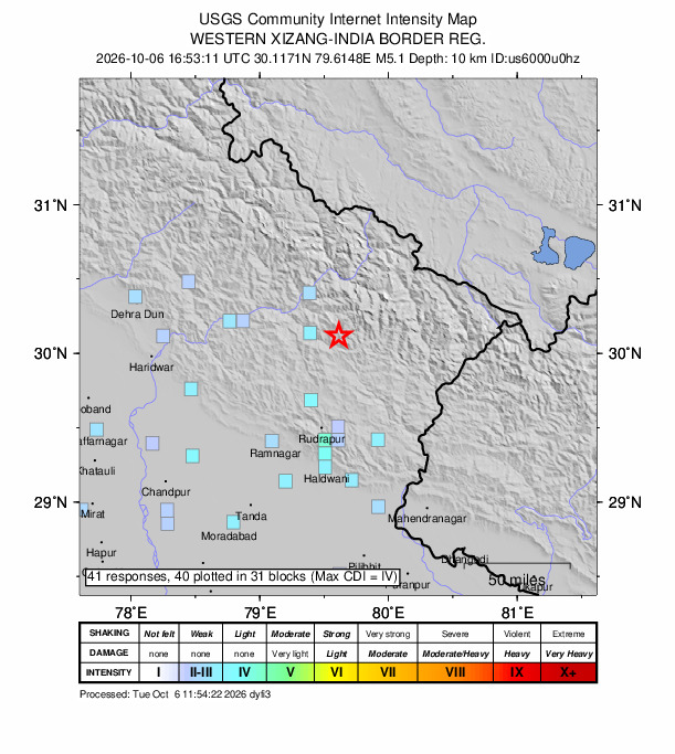 USGS DYFI community-reported intensity map for the M5.1 earthquake near 34 km NNW of Bāgeshwar, India