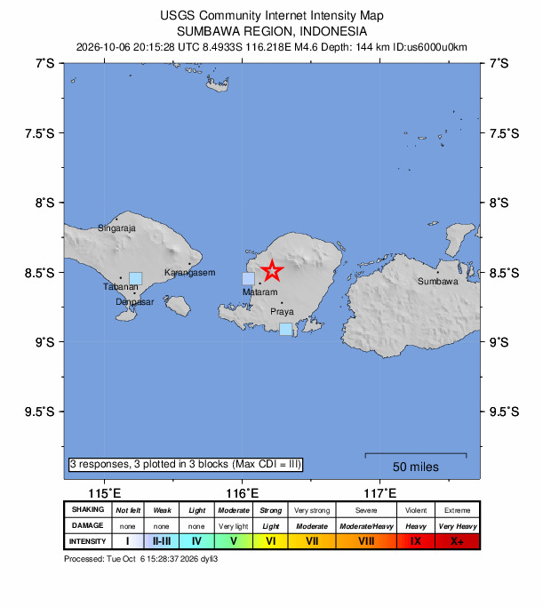 USGS DYFI community-reported intensity map for the M4.6 earthquake near 14 km NE of Mataram, Indonesia