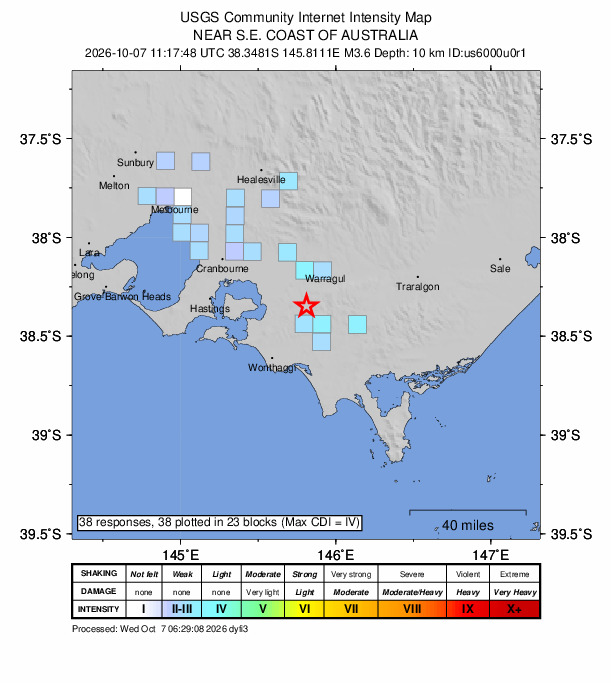 USGS DYFI community-reported intensity map for the M3.6 earthquake near 9 km N of Korumburra, Australia