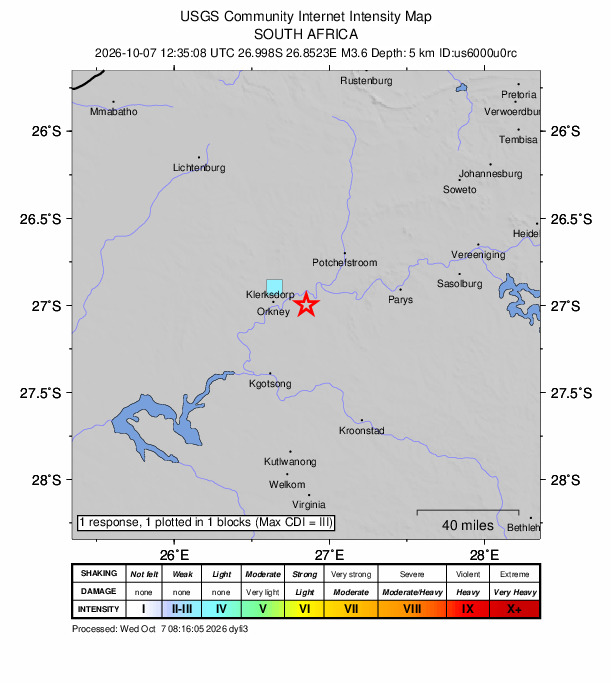 USGS DYFI community-reported intensity map for the M3.6 earthquake near 17 km E of Orkney, South Africa