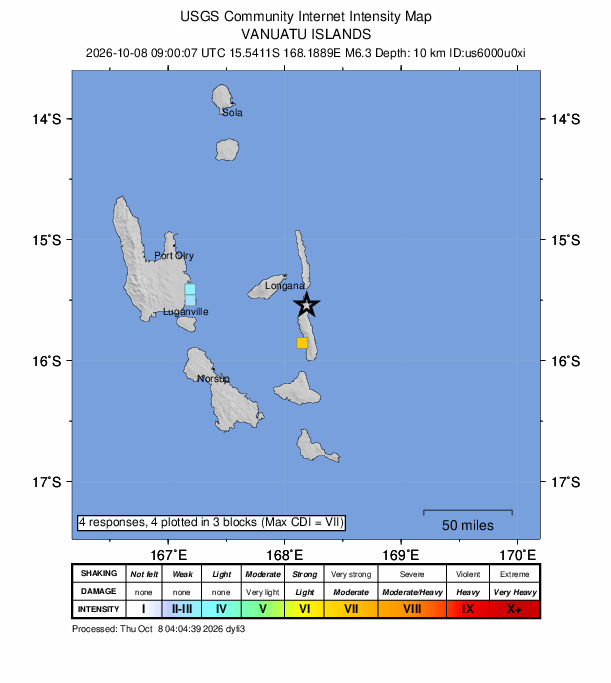 USGS DYFI community-reported intensity map for the M6.3 earthquake near 102 km NE of Norsup, Vanuatu