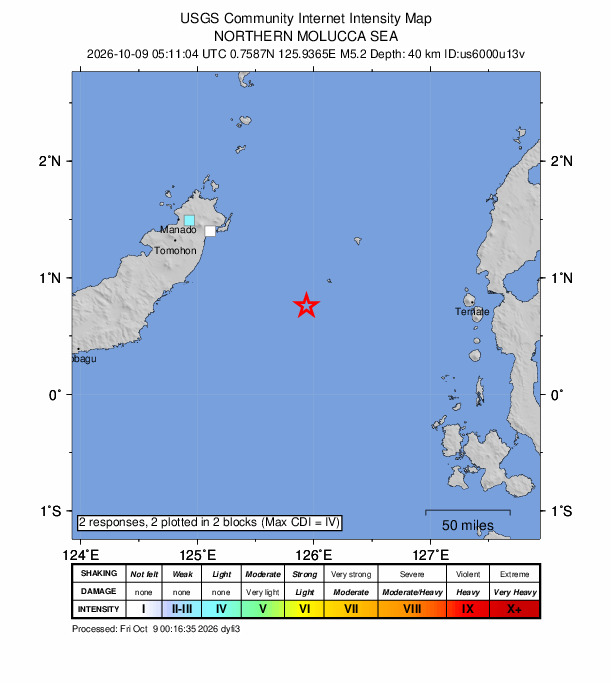 USGS DYFI community-reported intensity map for the M5.2 earthquake near 117 km SE of Bitung, Indonesia