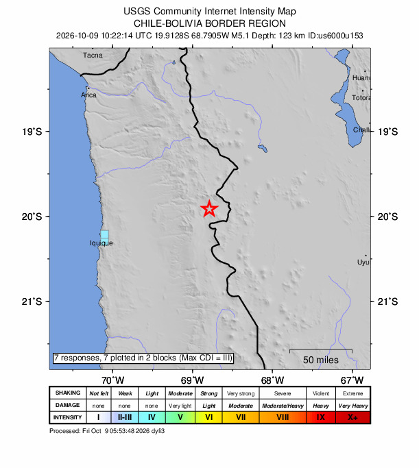 USGS DYFI community-reported intensity map for the M5.1 earthquake near 72 km SSW of Colchane, Chile