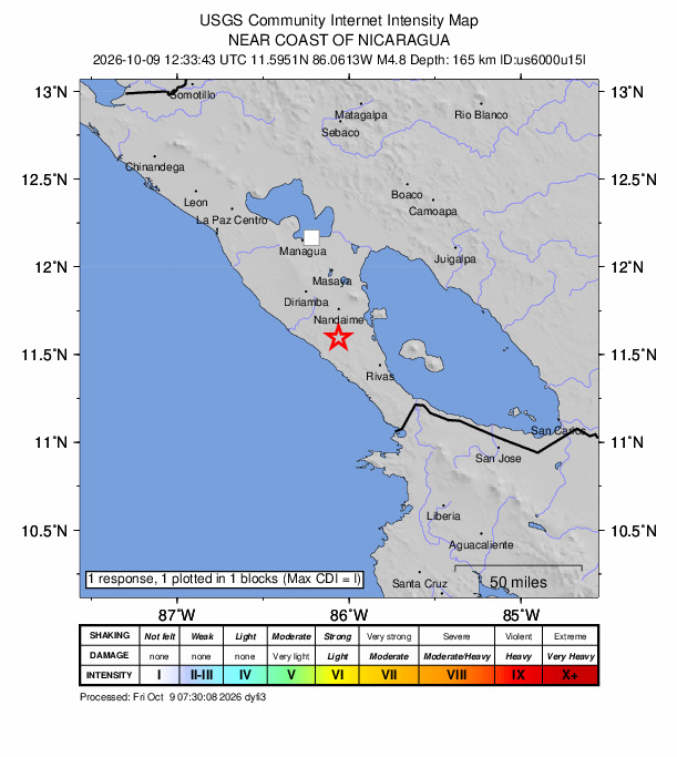 USGS DYFI community-reported intensity map for the M4.8 earthquake near 17 km S of Nandaime, Nicaragua