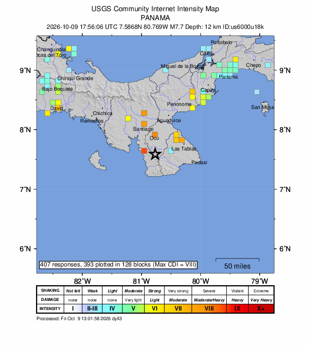 USGS DYFI community-reported intensity map for the M7.7 earthquake near 12 km WSW of Pitaloza Arriba, Panama