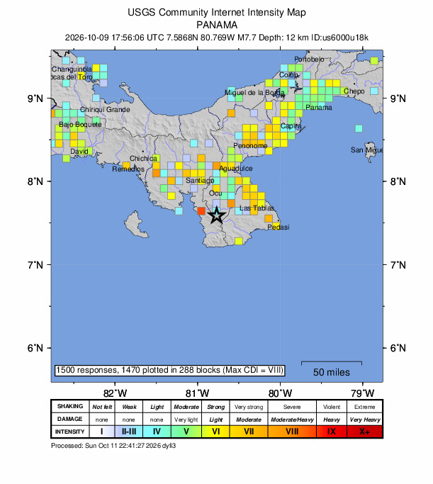 USGS DYFI community-reported intensity map for the M7.7 earthquake near 12 km WSW of Pitaloza Arriba, Panama