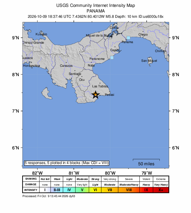 USGS DYFI community-reported intensity map for the M5.8 earthquake near 1 km S of El Cacao, Panama