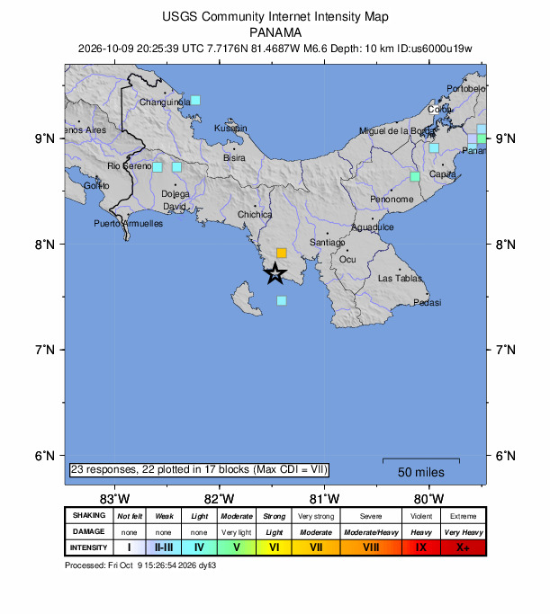 USGS DYFI community-reported intensity map for the M6.6 earthquake near 14 km W of Río Grande, Panama