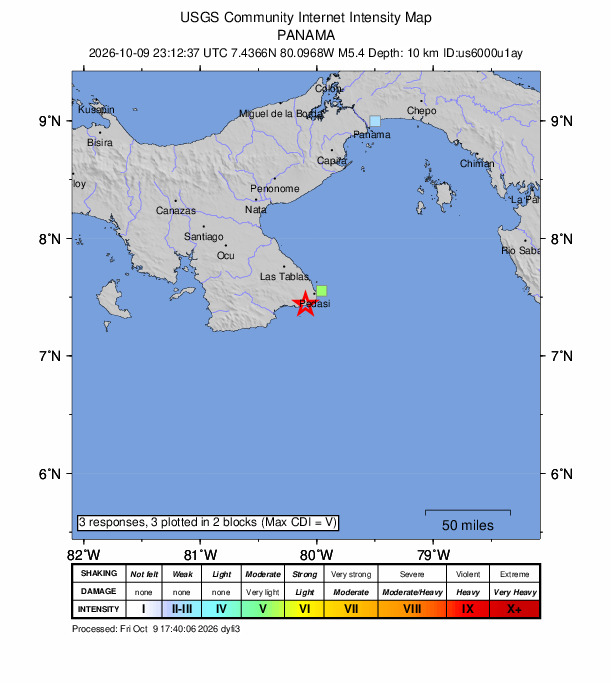USGS DYFI community-reported intensity map for the M5.4 earthquake near 9 km SSE of Los Asientos, Panama