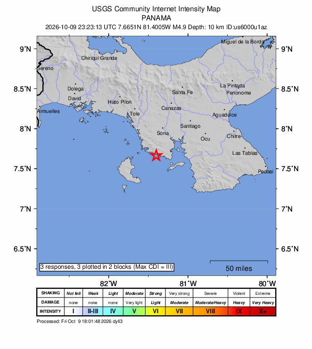 USGS DYFI community-reported intensity map for the M4.9 earthquake near 9 km SW of Río Grande, Panama