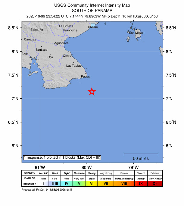 USGS DYFI community-reported intensity map for the M4.5 earthquake near 45 km SSE of Pedasí, Panama