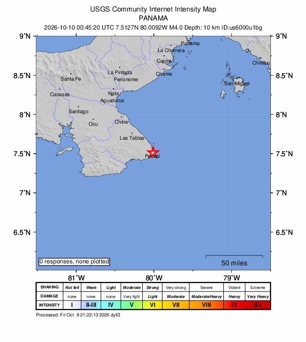USGS DYFI community-reported intensity map for the M4.0 earthquake near 2 km SE of Pedasí, Panama