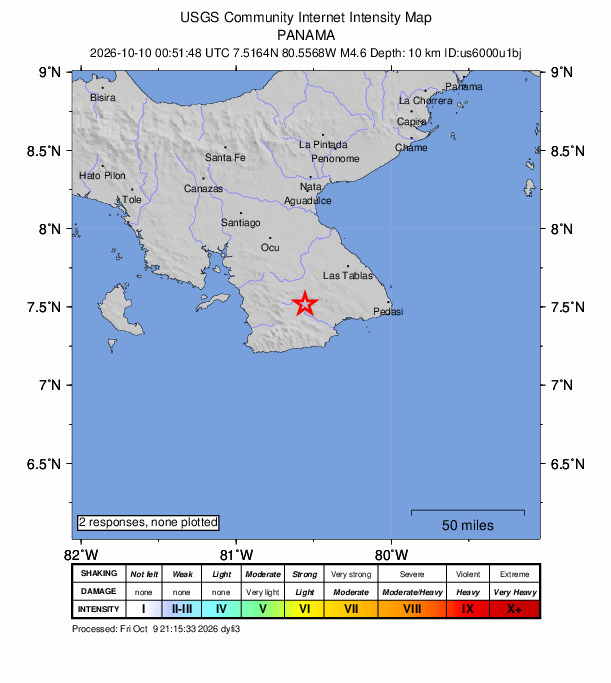 USGS DYFI community-reported intensity map for the M4.6 earthquake near 9 km NNE of La Tronosa, Panama