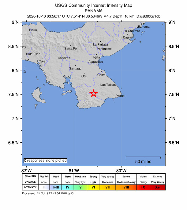 USGS DYFI community-reported intensity map for the M4.7 earthquake near 8 km N of La Tronosa, Panama