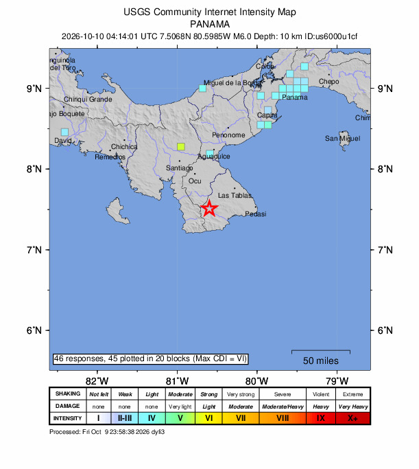 USGS DYFI community-reported intensity map for the M6.0 earthquake near 7 km N of La Tronosa, Panama