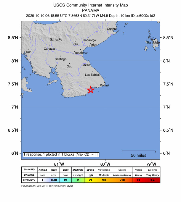 USGS DYFI community-reported intensity map for the M4.9 earthquake near 10 km SSW of Cañas, Panama