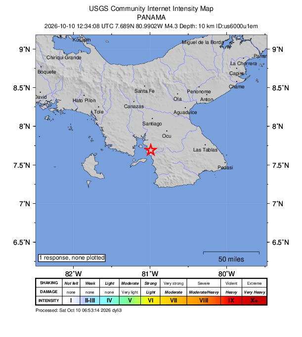 USGS DYFI community-reported intensity map for the M4.3 earthquake near 3 km SSW of Tebario, Panama