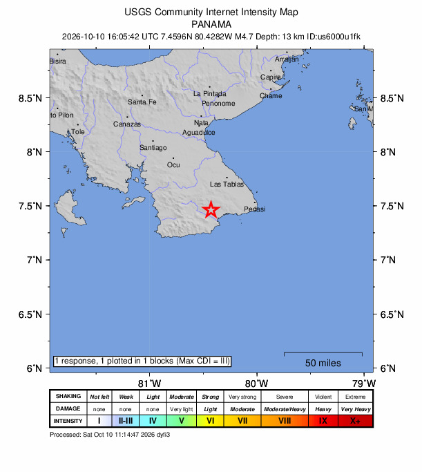 USGS DYFI community-reported intensity map for the M4.7 earthquake near 2 km WNW of El Cacao, Panama