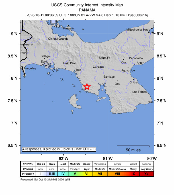 USGS DYFI community-reported intensity map for the M4.6 earthquake near 18 km WNW of Río Grande, Panama