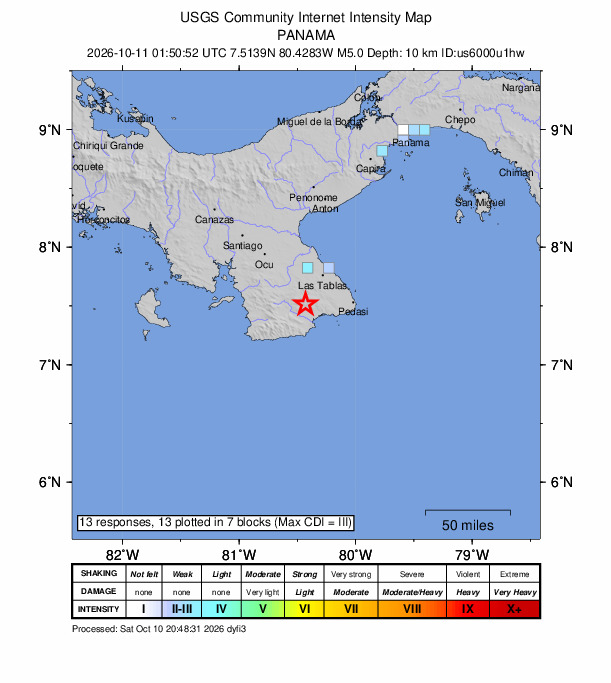 USGS DYFI community-reported intensity map for the M5.0 earthquake near 3 km NW of Flores, Panama