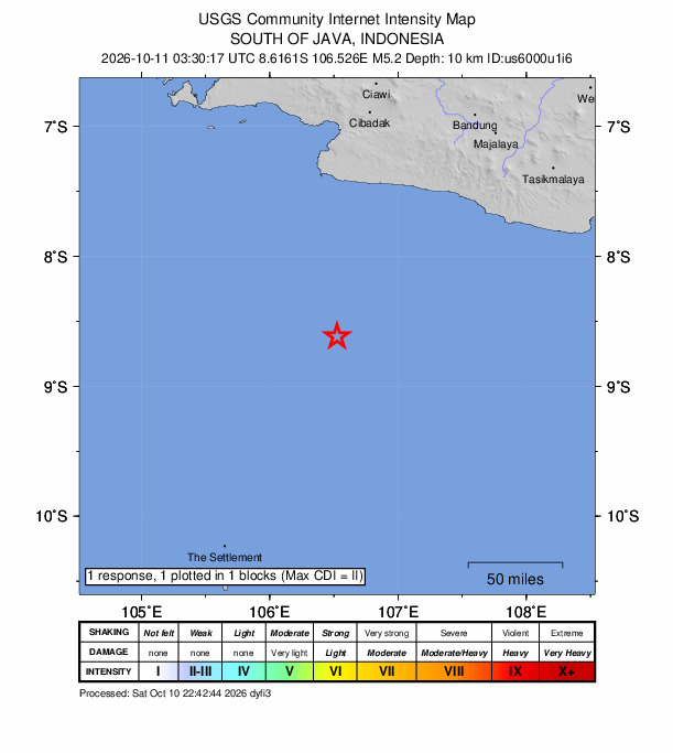 USGS DYFI community-reported intensity map for the M5.2 earthquake near 180 km S of Pelabuhanratu, Indonesia