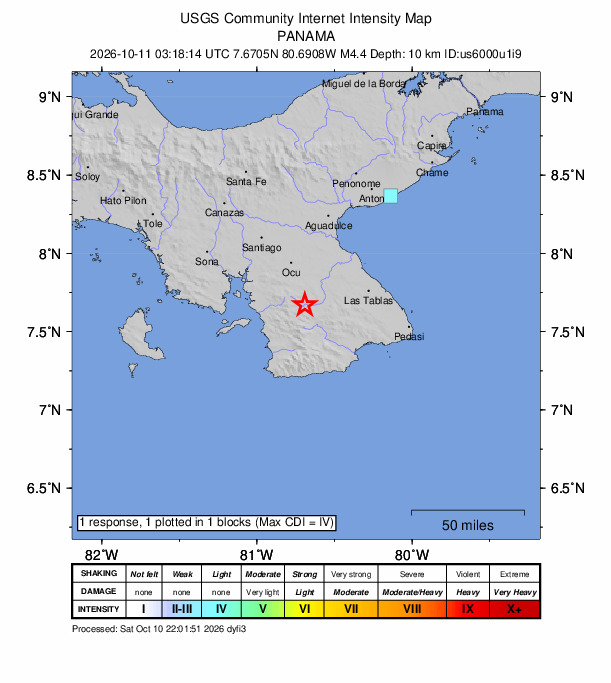 USGS DYFI community-reported intensity map for the M4.4 earthquake near 3 km NW of Pitaloza Arriba, Panama