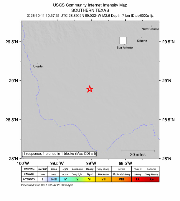 USGS DYFI community-reported intensity map for the M2.6 earthquake near 7 km E of Pearsall, Texas