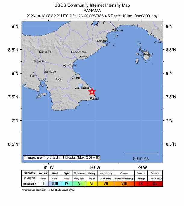 USGS DYFI community-reported intensity map for the M4.5 earthquake near 7 km ENE of Lajamina, Panama