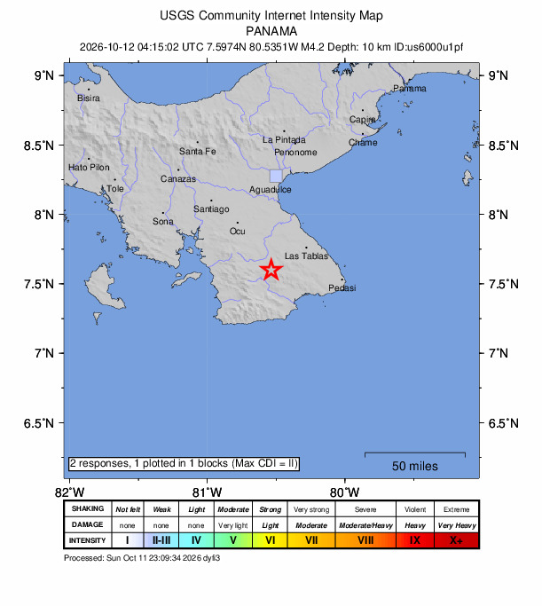 USGS DYFI community-reported intensity map for the M4.2 earthquake near 8 km SSE of Llano de Piedra, Panama