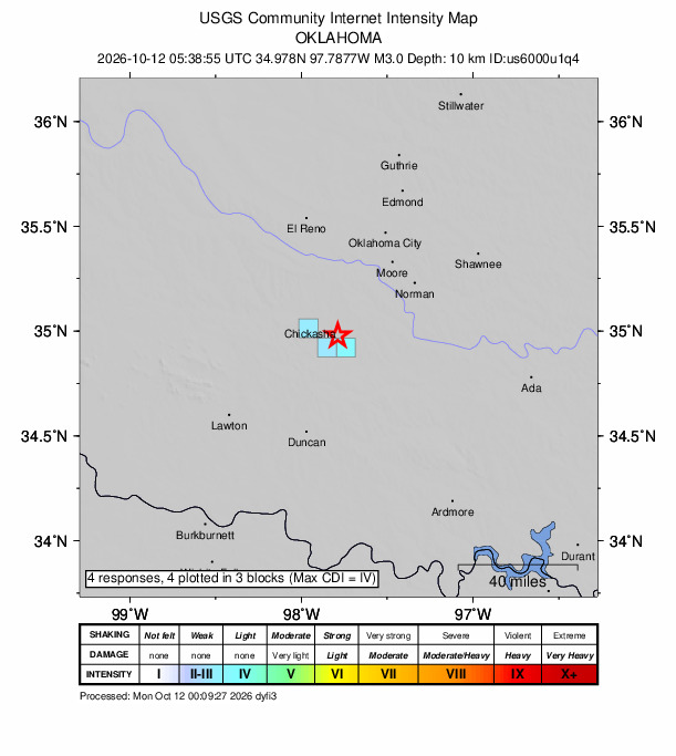 USGS DYFI community-reported intensity map for the M3.0 earthquake near 7 km N of Alex, Oklahoma