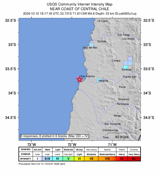 USGS DYFI community-reported intensity map for the M4.8 earthquake near 23 km SW of San Antonio, Chile