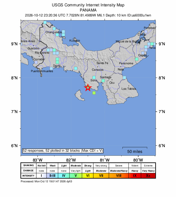 USGS DYFI community-reported intensity map for the M6.1 earthquake near 18 km W of Río Grande, Panama