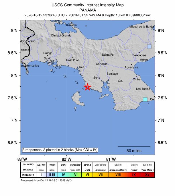USGS DYFI community-reported intensity map for the M4.8 earthquake near 21 km W of Río Grande, Panama
