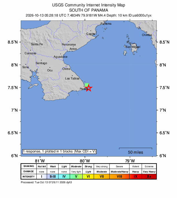 USGS DYFI community-reported intensity map for the M4.4 earthquake near 13 km ESE of Pedasí, Panama