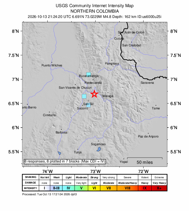 USGS DYFI community-reported intensity map for the M4.8 earthquake near 0 km SW of Aratoca, Colombia