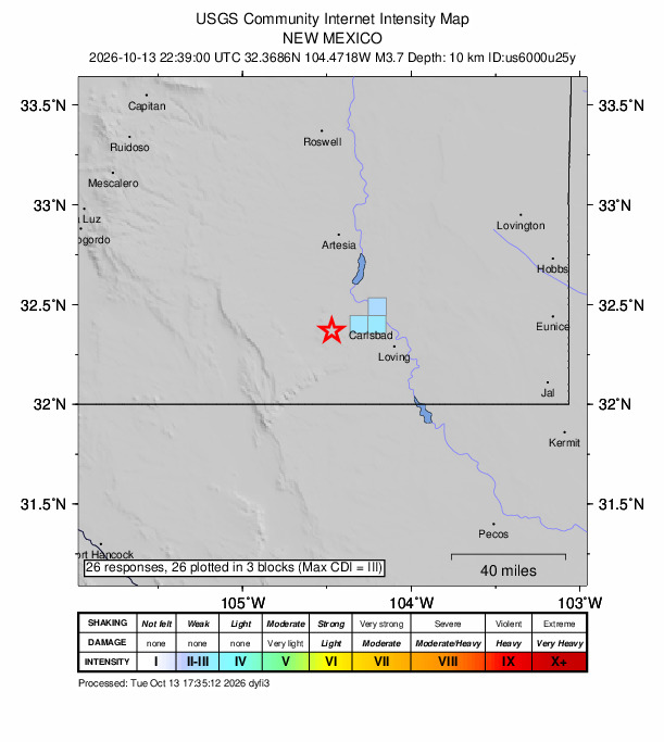 USGS DYFI community-reported intensity map for the M3.7 earthquake near 23 km NNW of Whites City, New Mexico