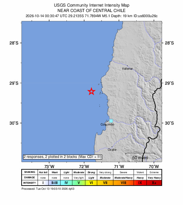 USGS DYFI community-reported intensity map for the M5.1 earthquake near 92 km NW of La Serena, Chile