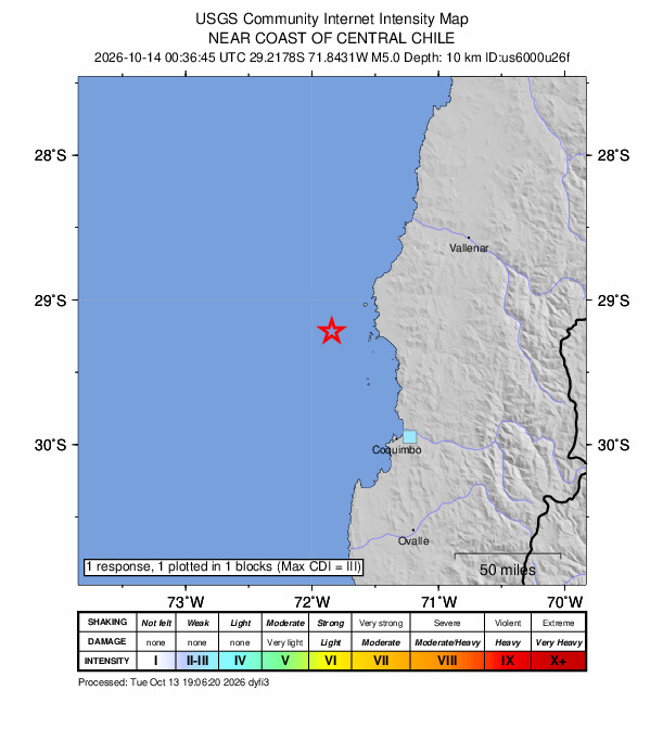 USGS DYFI community-reported intensity map for the M5.0 earthquake near 95 km NNW of Coquimbo, Chile