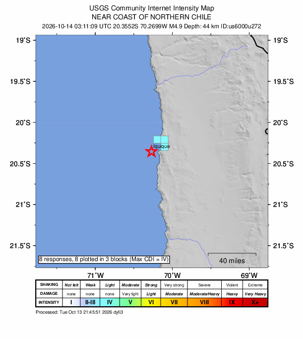 USGS DYFI community-reported intensity map for the M4.9 earthquake near 16 km WSW of La Tirana, Chile