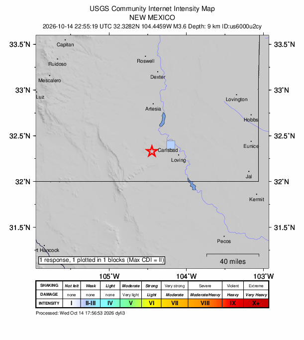 USGS DYFI community-reported intensity map for the M3.6 earthquake near 18 km NNW of Whites City, New Mexico
