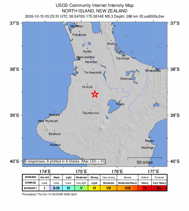 USGS DYFI community-reported intensity map for the M5.3 earthquake near 43 km SSE of Otorohanga, New Zealand