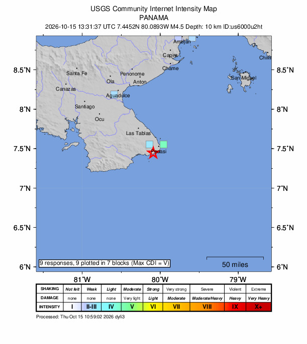 USGS DYFI community-reported intensity map for the M4.5 earthquake near 9 km SSE of Los Asientos, Panama