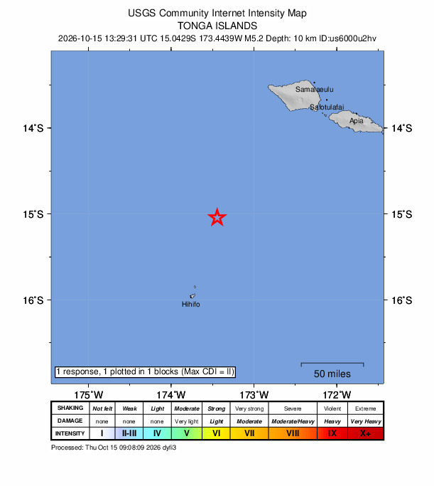 USGS DYFI community-reported intensity map for the M5.2 earthquake near 107 km NNE of Hihifo, Tonga