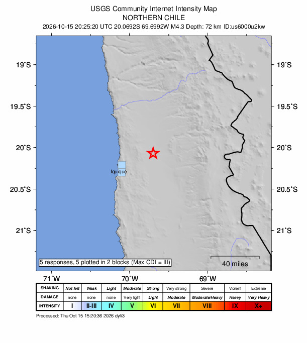 USGS DYFI community-reported intensity map for the M4.3 earthquake near 11 km SE of Huara, Chile