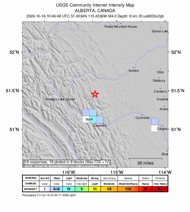 USGS DYFI community-reported intensity map for the M4.0 earthquake near 31 km NNE of Banff, Canada